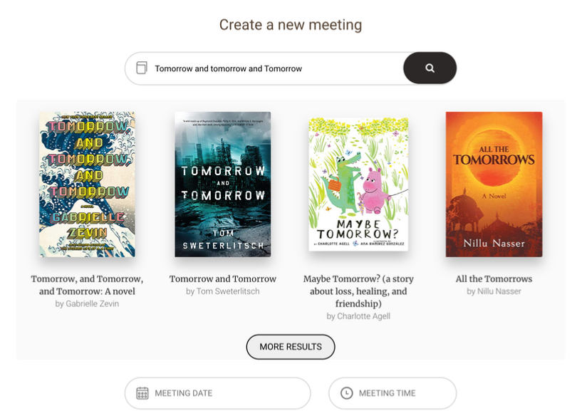 Image of Bookclubs website with Create a New Meeting highlighted