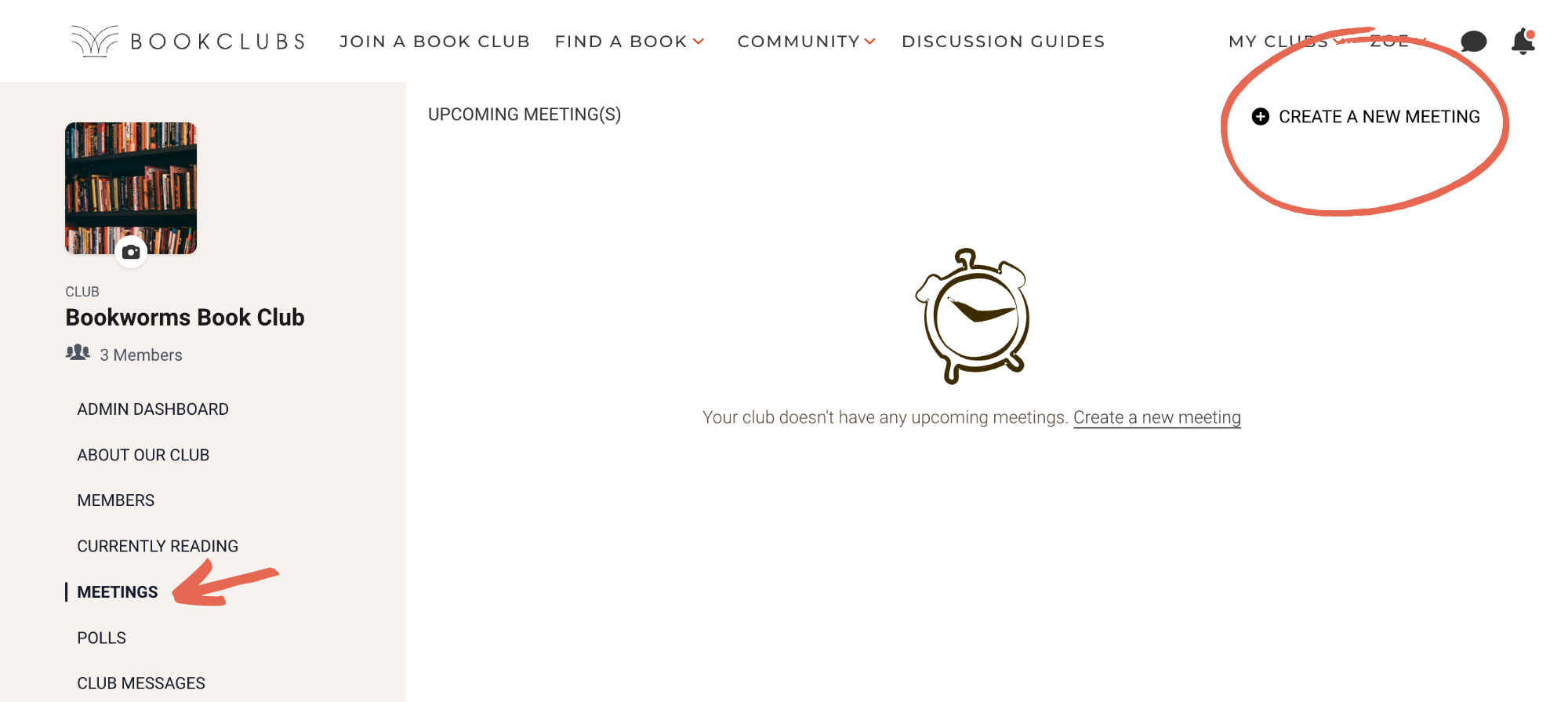 Image of Bookclubs website with Create a New Meeting highlighted