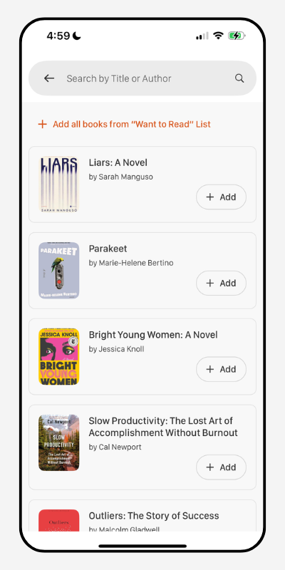 Screenshot of Bookclubs app open to adding books to poll