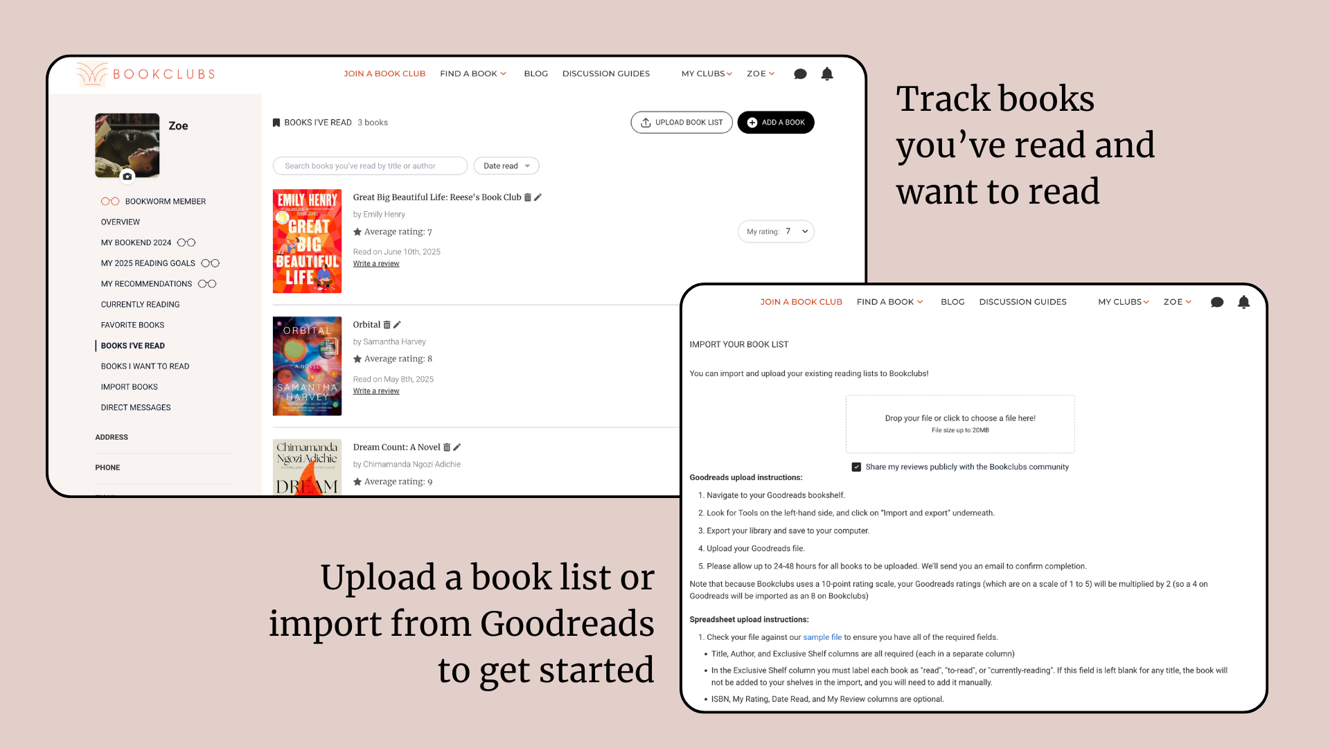 Screenshots of Bookclub website with digital bookshelves and book import instructions