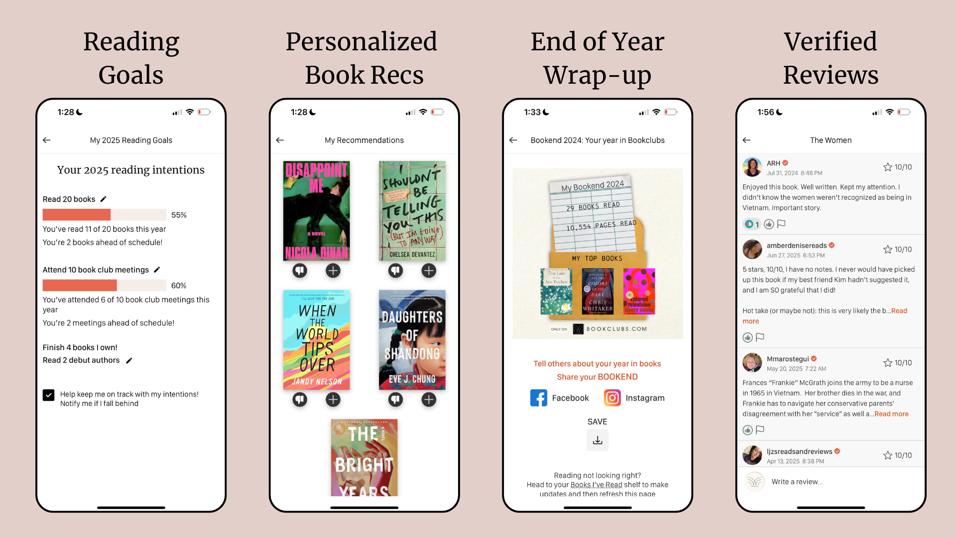 Screen shots of Bookclubs app with Bookworm features