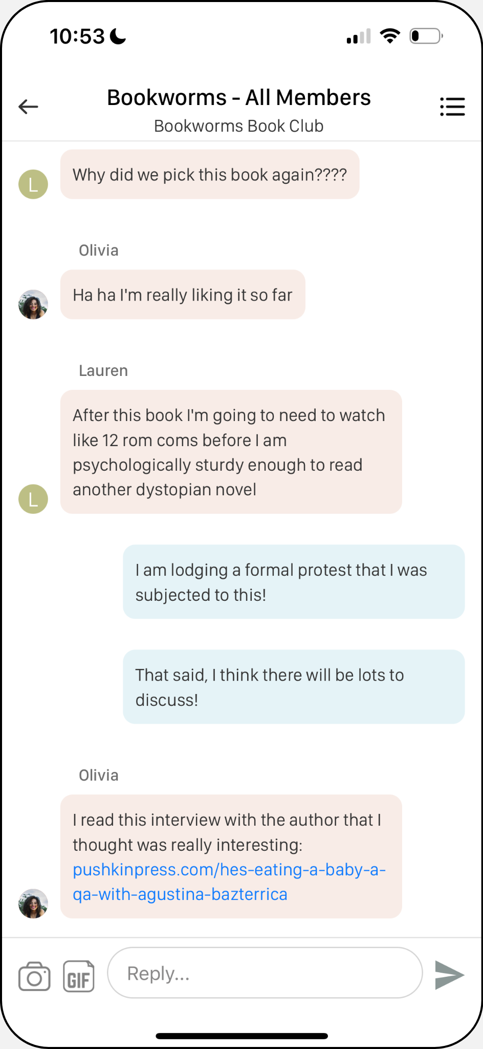 Screen shot of Bookclubs app all member chat