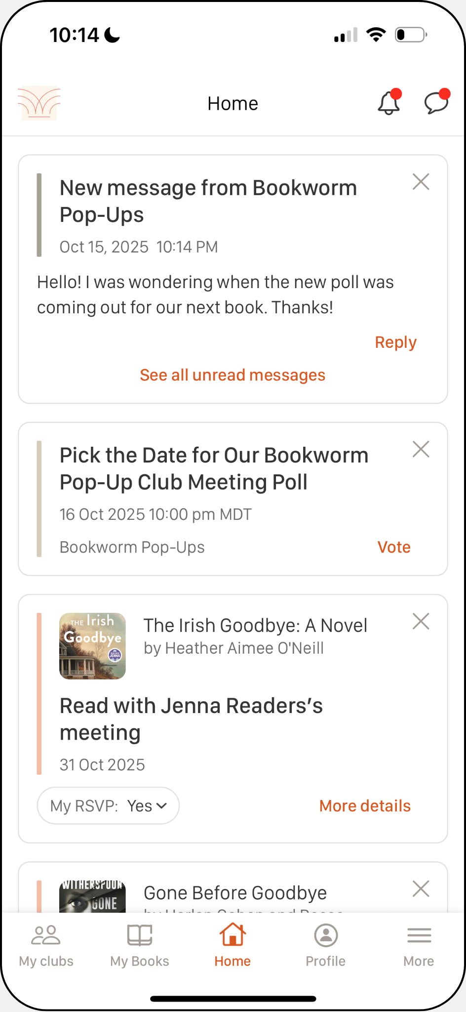 Screen shot of Bookclubs app home screen