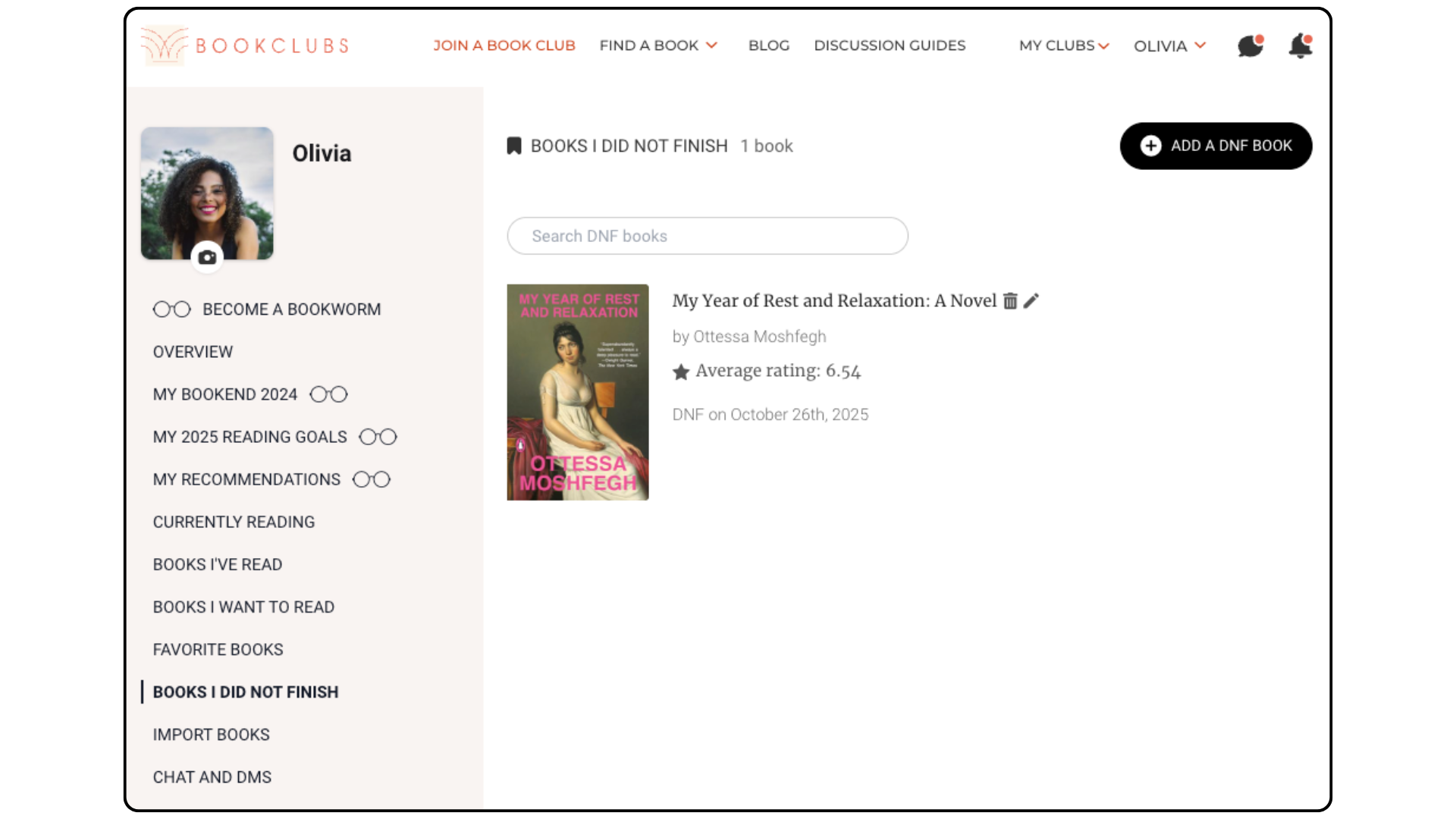 Screen shot of DNF shelf on Bookclubs