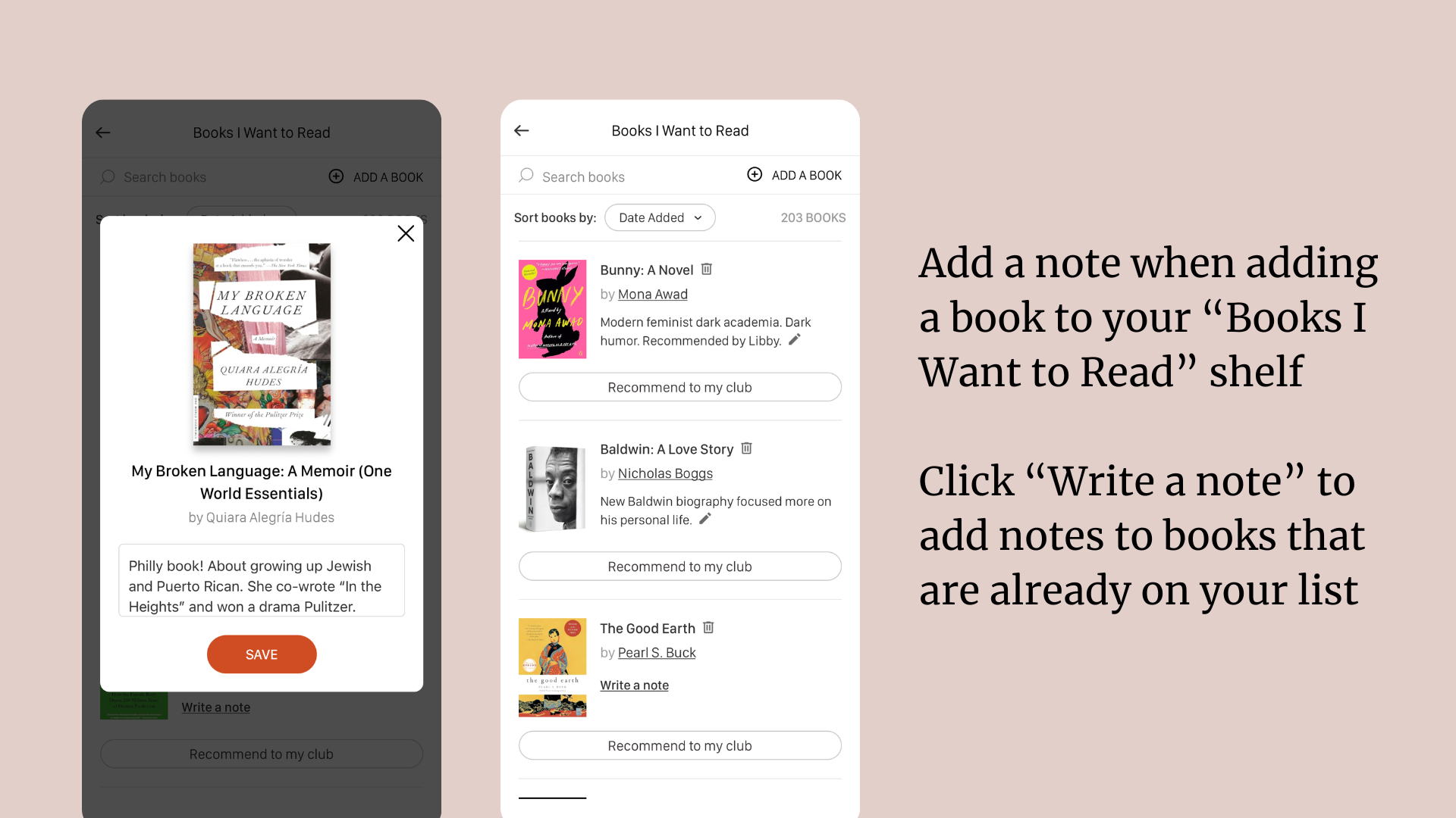 Screen shots of Bookclubs app using private notes