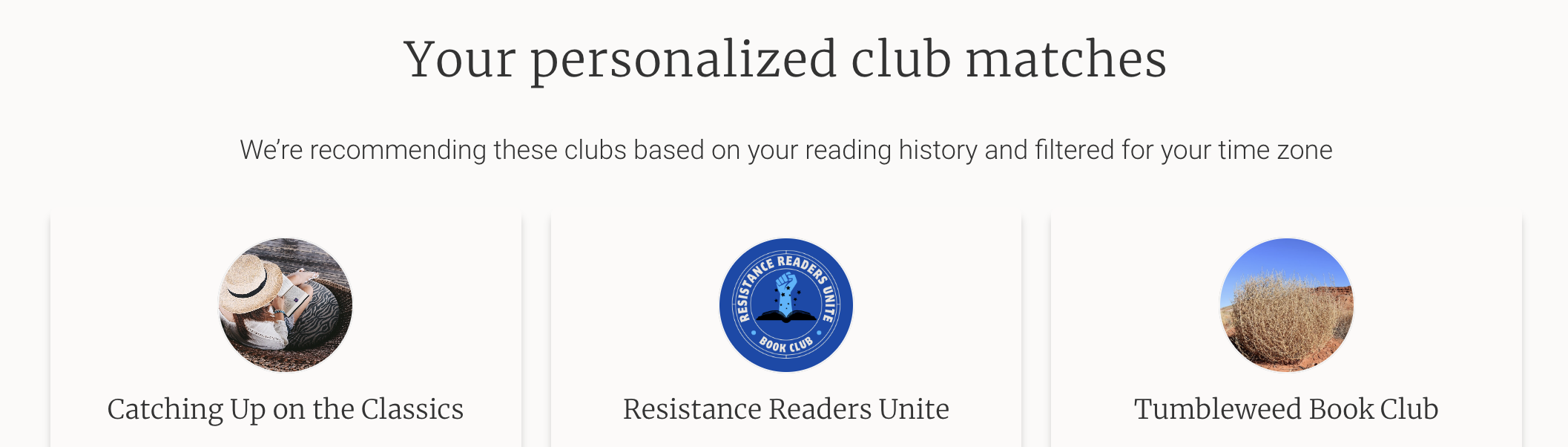 Screenshot of personalized book club recommendations