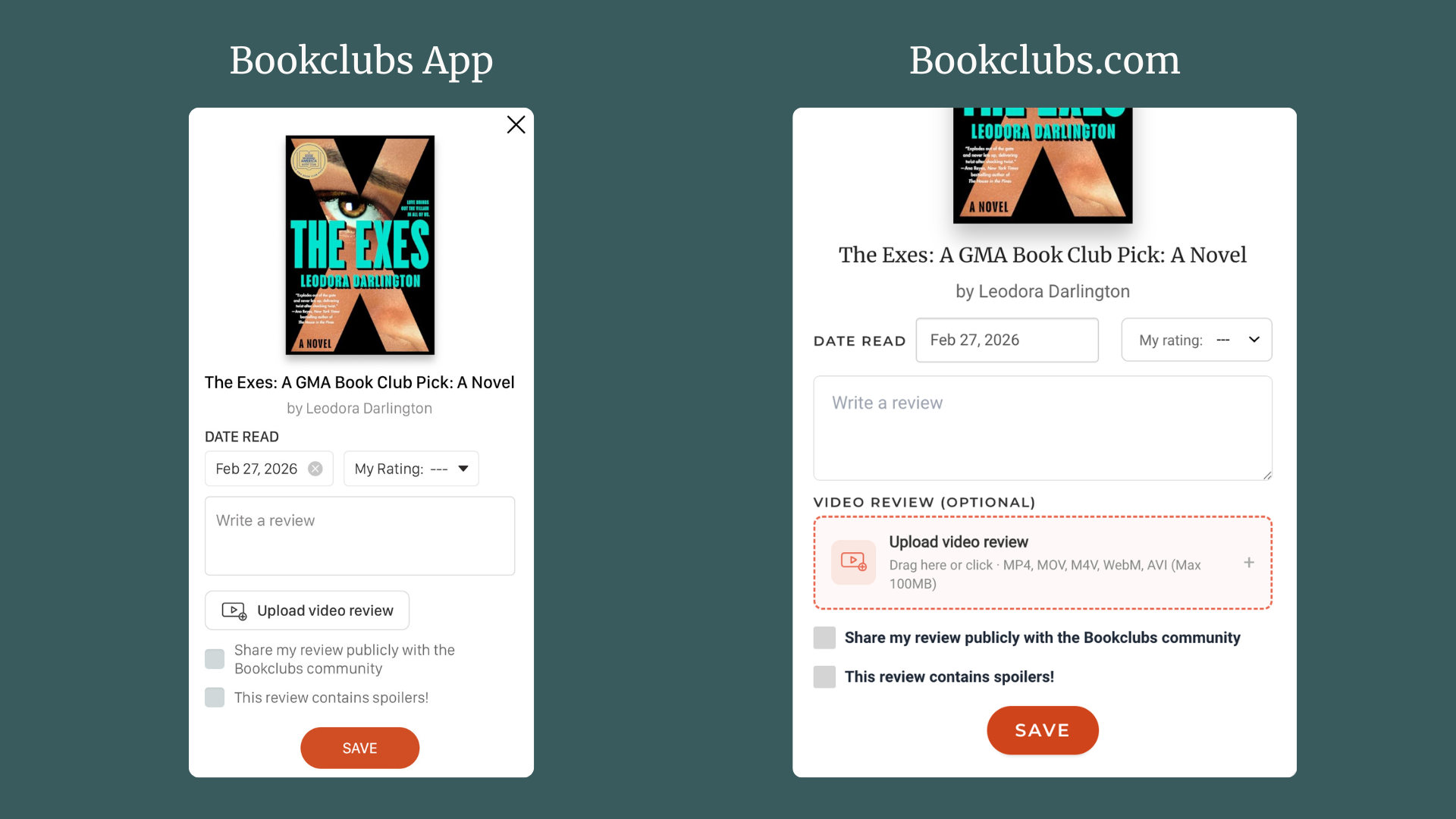 Screenshots of adding reviews to Bookclubs app and website