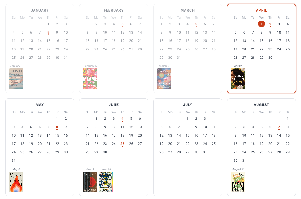 Screenshot of Calendar View on the Bookclubs website