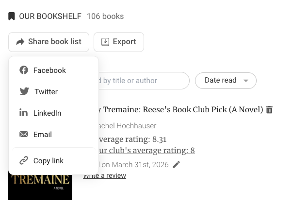 Screenshot of Share and Export buttons on a club bookshelf