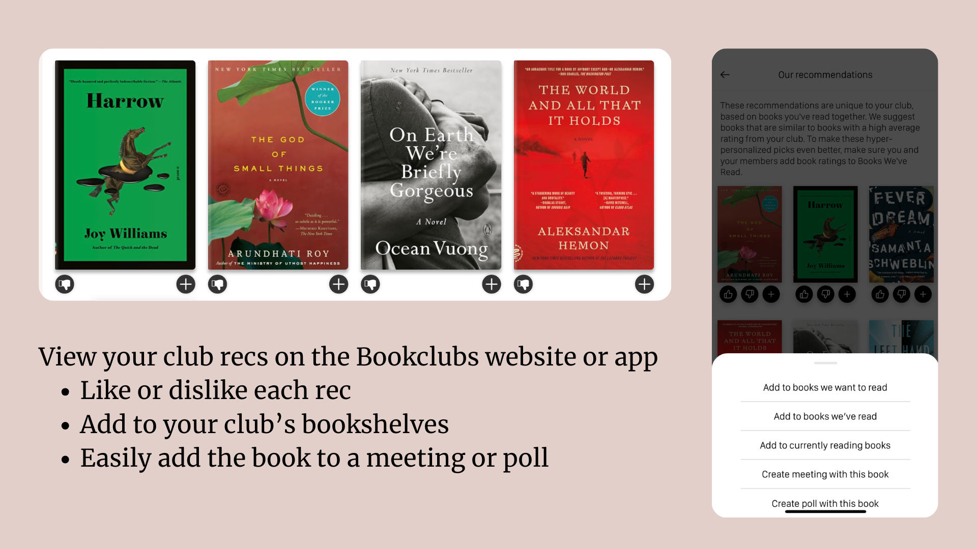 Screenshots of Bookclubs website and app