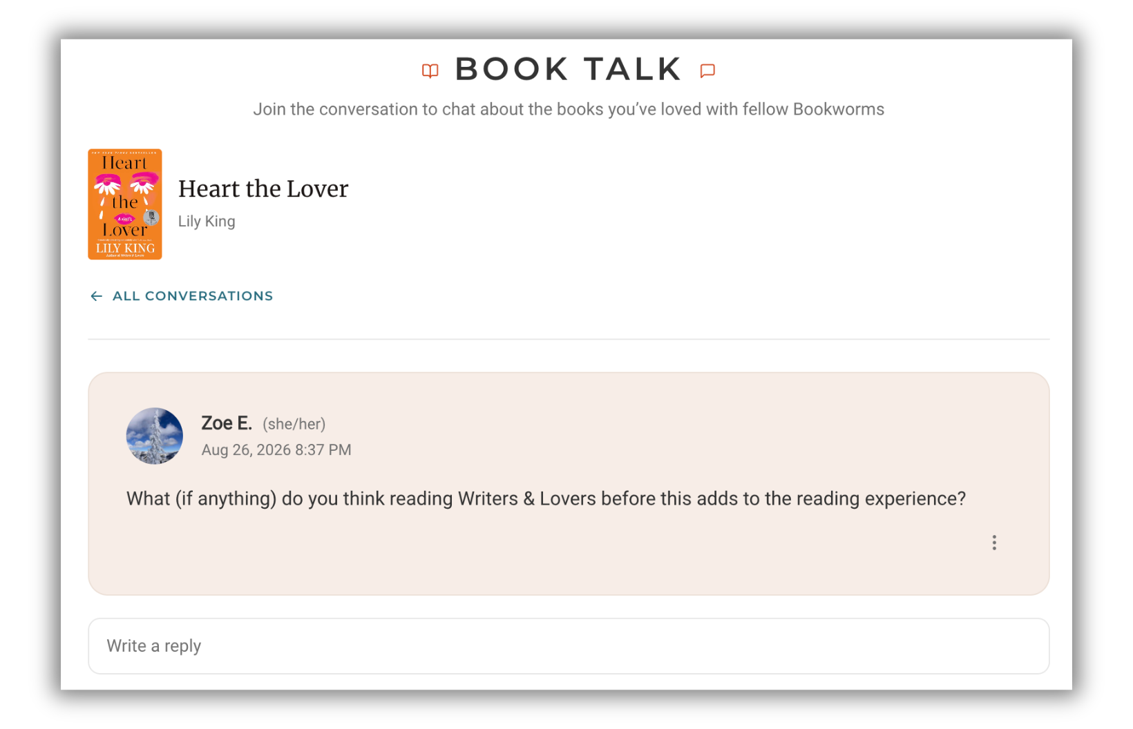Screen shot of Book Talk page for Heart the Lover